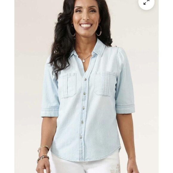 Democracy Elbow Puff Sleeve Button Down Washed Blue Denim Shirt Small (123) - Picture 1 of 7